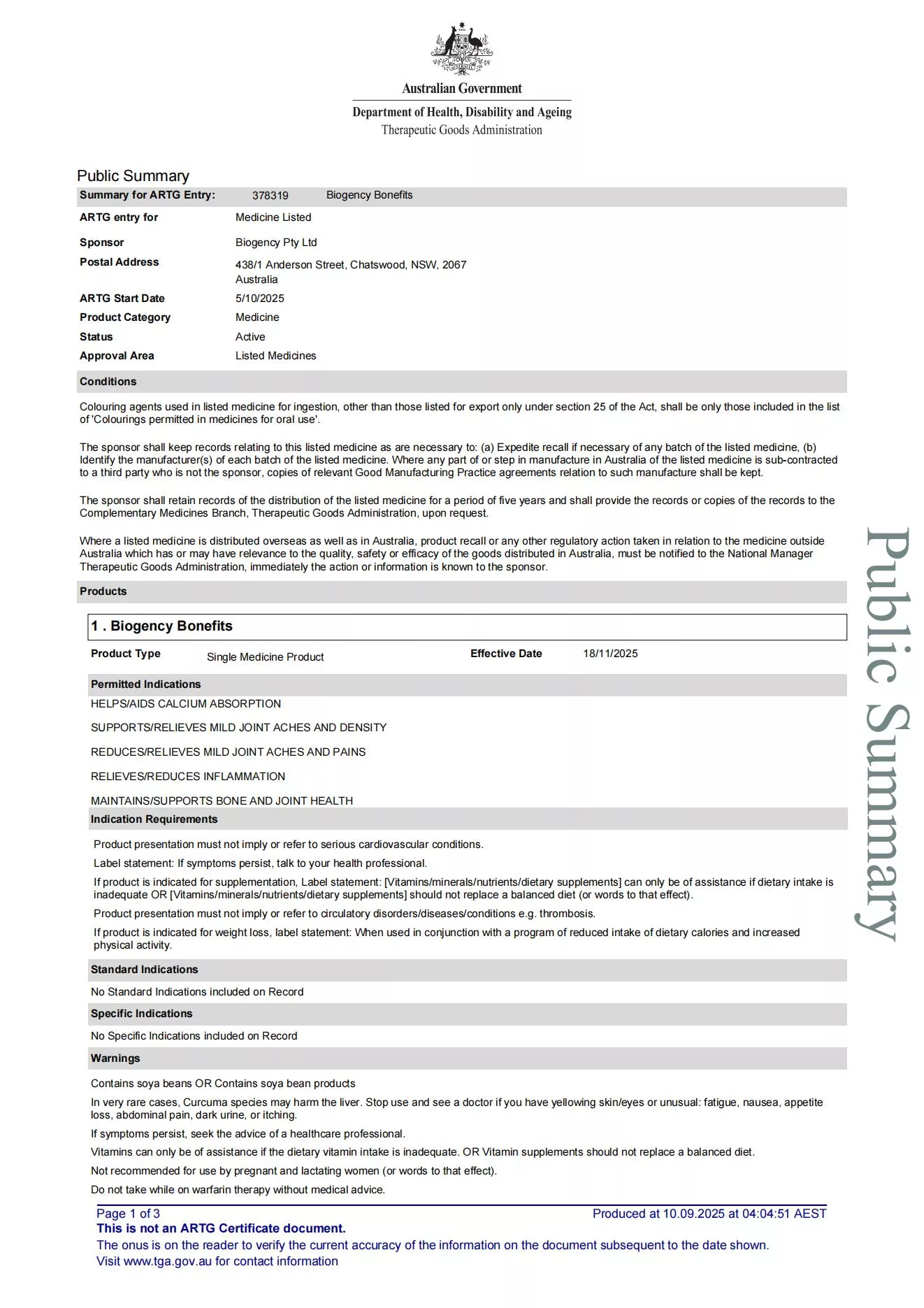TGA Certificate